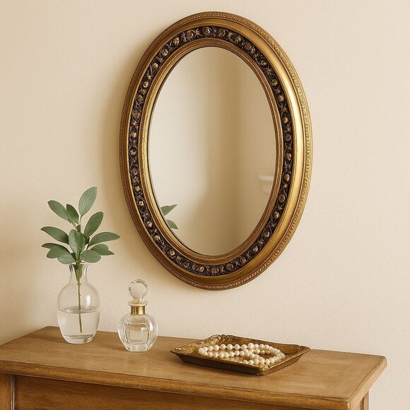 Oval Gold Wall Mirror VTG Ornate Decorative Vanity Hollywood Regency Home Decor - Picture 3 of 16